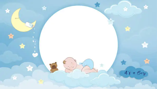 Vector illustration of Baby shower card,Cute little boy sleeping on crescent moon, milk bottle and teddy bear on Blue Sky and Clouds layers background,Vector Paper cut cloudscape backdrop with copy space for baby's photos