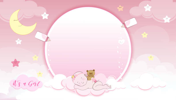 Baby Shower Cardcute Little Girl Sleeping On Crescent Moon Milk Bottle And  Teddy Bear On Pink Sky And Clouds Layers Backgroundvector Paper Cut  Cloudscape Backdrop With Copy Space For Babys Photos Stock