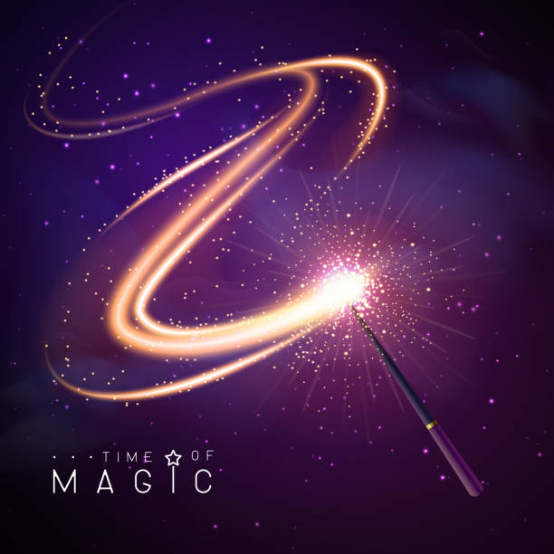 istock Magic wand with golden neon glowing shiny spiral trail. Vector illustration 1344114155