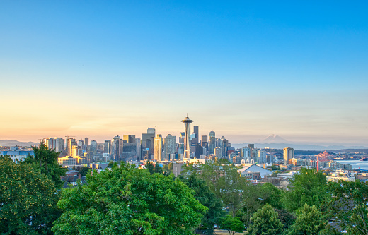 Seattle, Washington, USA: 8-28-2021: Seattle skyline at sunrise as seen from Kerry Park in Queen Anne.