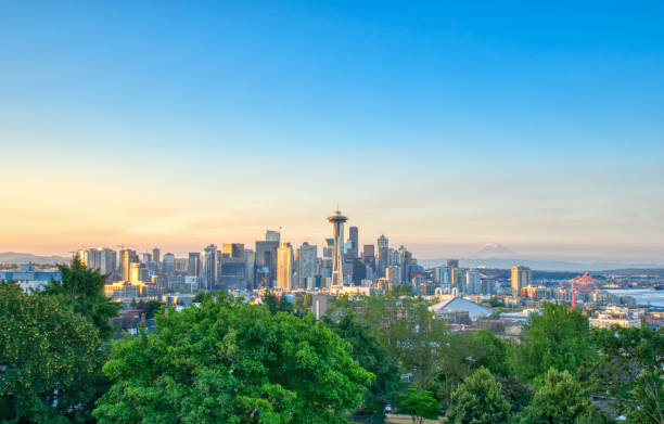 Summer Sunrise Over Seattle, Washington's Downtown Skyline as Seen From Kerry Park stock photo