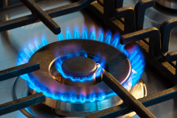 gas che brucia con fiamme blu sul bruciatore di una stufa a gas - gas foto e immagini stock