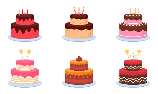 Delicious Cakes with Candles for Birthday Party Set. Collection of Cute Cakes with Icing Chocolate Cream on Plate for Anniversary, Wedding. Colorful Sweet Tasty Bakery. Isolated Vector Illustration