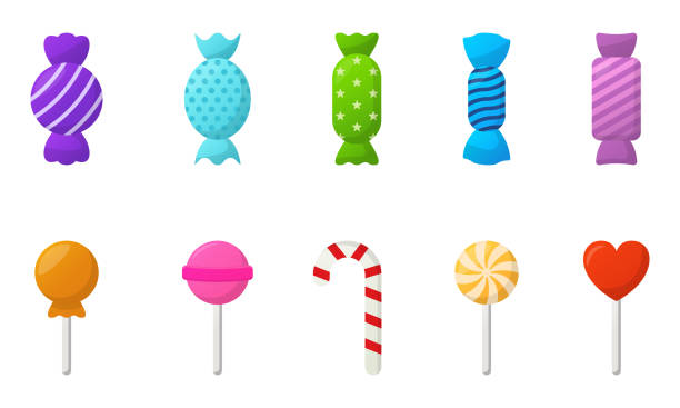 ilustrações de stock, clip art, desenhos animados e ícones de collection of cute colorful tasty candies on white background. lollipop on stick, sweet caramel, hard candy set. wrapped chocolate candy in different shape. party treats. isolated vector illustration - stick of hard candy candy stick sweet food