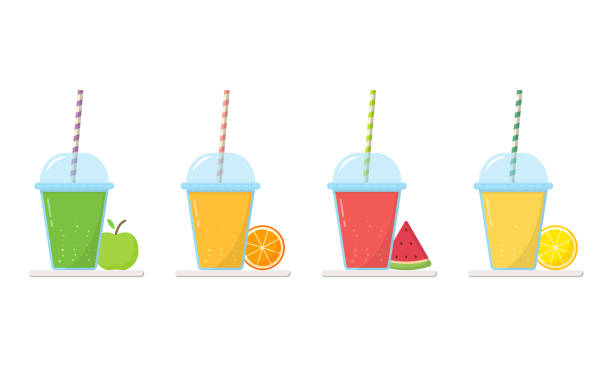 Set of Lemonade in Glass with Cap and Straw on White Background. Lemon, Orange, Watermelon, Apple Fresh Juice. Collection of Ice Fruit Cocktails in Cup. Healthy Drink. Isolated Vector Illustration Set of Lemonade in Glass with Cap and Straw on White Background. Lemon, Orange, Watermelon, Apple Fresh Juice. Collection of Ice Fruit Cocktails in Cup. Healthy Drink. Isolated Vector Illustration smoothie stock illustrations
