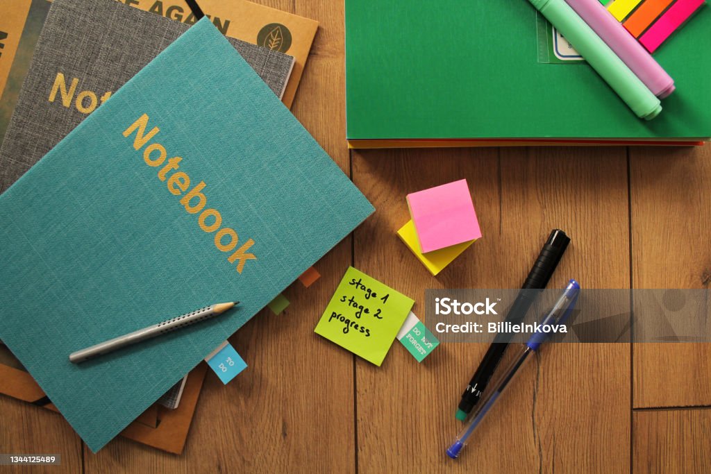 Planning workflow for the office or school, plan, and organization for home office business or learning Planning workflow for the office or school, plan, and organization for home office business or learning with notebooks, sticky notes, pens Organization Stock Photo