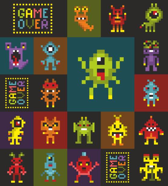 бесшовный узор с милыми пиксельными роботами и монстрами из космоса. - 4694 stock illustrations