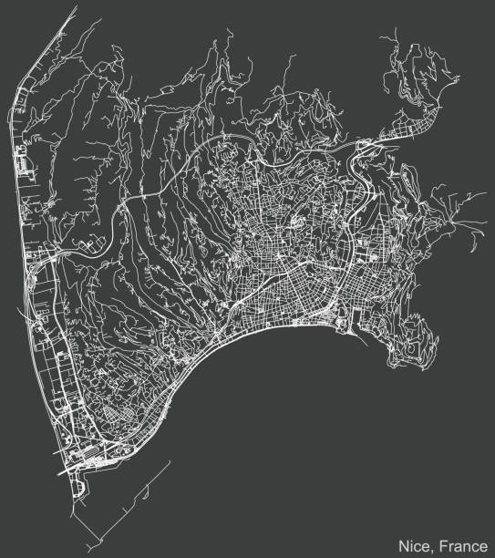 istock Dark negative street roads map of Nice, France 1344130541