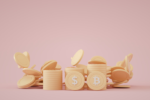 3d rendering, Stacks of Bitcoin and Dollar Coin.