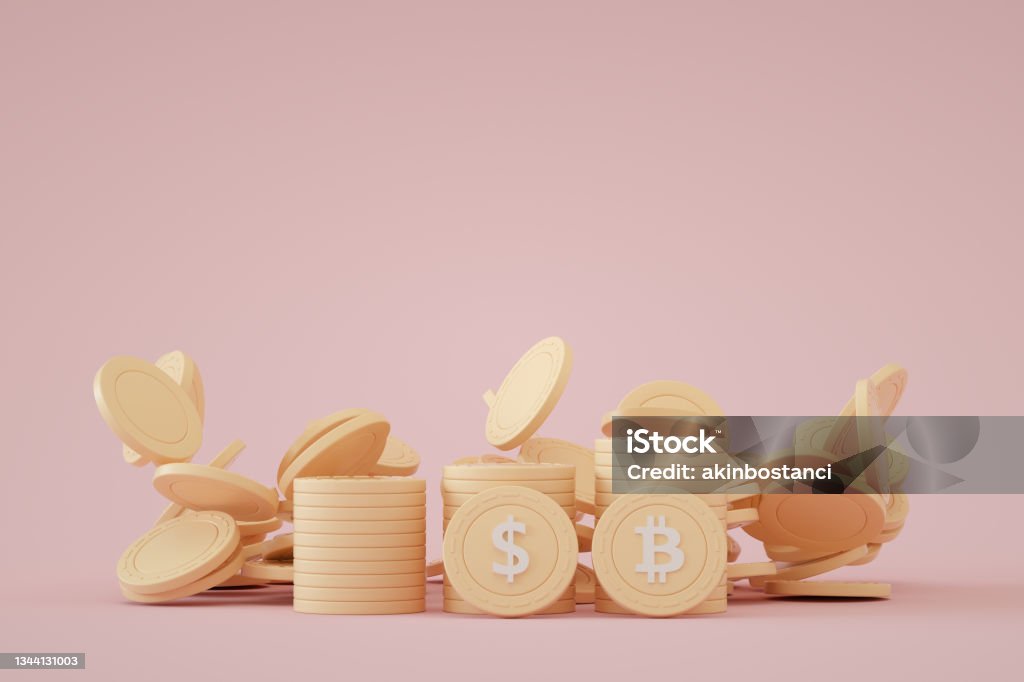Stacks of Bitcoin and Dollar Coin 3d rendering, Stacks of Bitcoin and Dollar Coin. Three Dimensional Stock Photo