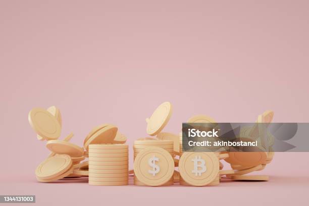 Stacks Of Bitcoin And Dollar Coin Stock Photo - Download Image Now - Three Dimensional, Coin, Digitally Generated Image