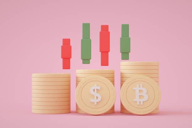 istock Stacks of Bitcoin and Dollar with Trend Graph 1344131051