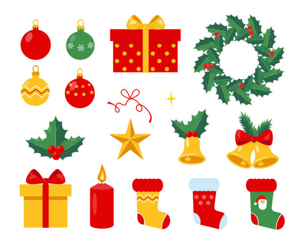 크리스마스와 새해 장식 요소 세트 - christmas candle set bow stock illustrations