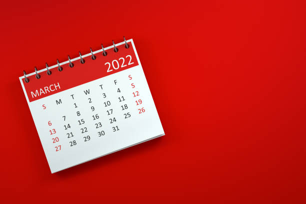 istock 2022 March Calendar on Red Background 1344135123