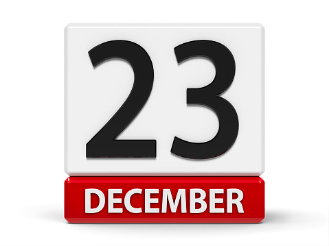 Red and white calendar icon from cubes - The Twenty Third of December - on a white table, three-dimensional rendering, 3D illustration
