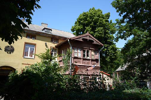 Zelenogradsk, Russia - Jun 14, 2021: Old german house in the resort city Zelenogradsk (formerly Cranz) at Baltic Sea in the Kaliningrad (formerly Konigsberg) region.