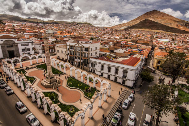 Ultra panoramic view of Potosí main square and Cerro Rico in the Background, Bolivia. Ultra panoramic view of Potosí main square, main churches and Cerro Rico in the Background, Bolivia. bolivia stock pictures, royalty-free photos & images