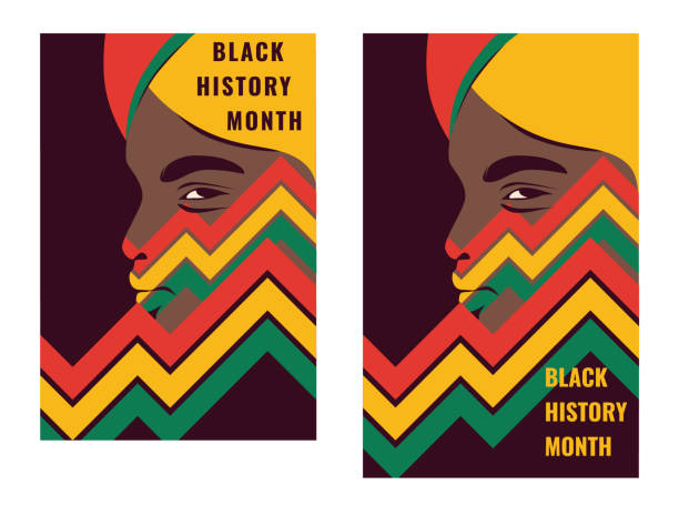 dvě verze plakátu pro měsíc černé historie. afričanka v národní čelence s odhodlaným vzhledem, profilový portrét. žlutá, zelená a červená barva. - black history in the us stock ilustrace