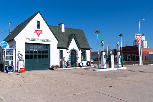 Norton, Kansas - July 28, 2021: Classic old fashioned Conoco gas service station in the downtown area