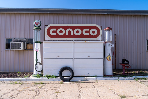 Norton, Kansas - July 28, 2021: Classic old fashioned Conoco gas service station in the downtown area