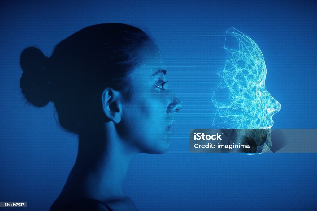 Facial Recognition Technology Female human face with 3d mesh and recognition marks. Technology Stock Photo