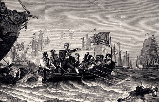 COMMODORE PERRY: BATTLE OF LAKE ERIE. (High resolution with great detail) Commodore Perry at the Battle of Lake Erie, from the painting by Powell. 
The Battle of Lake Erie was a naval battle fought by the United States Navy and the British Royal Navy on 10 September 1813 in western Lake Erie during the War of 1812. Vintage engraving circa late 19th century. Digital restoration by Pictore. us sailor stock illustrations