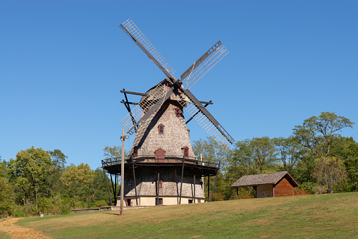 Old Dutch windmill from the mid 1850's on a beautiful Autumn afternoon.  Fabyan Forest Preserve, Geneva, Illinois