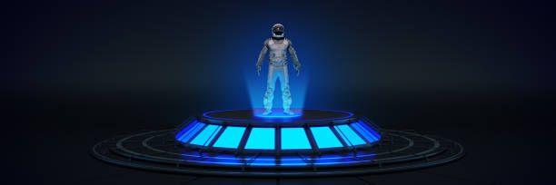 istock Futuristic Sci Fi Modern Empty Big Hall Dark, Alien Garage Sci Fi. Astronaut spacesuit. 3d rendering 1344160214