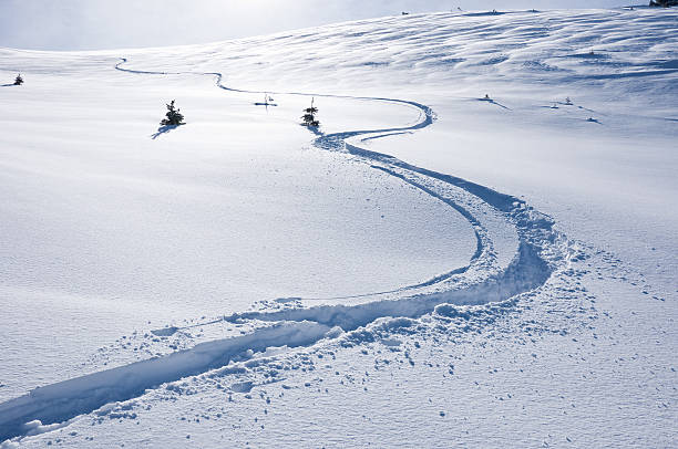 Ski Track on Mountain in Winter.  Textured snow and ski track coming down from top of mountain in Colorado.  Converted from 14-bit Raw file.  sRGB color space.