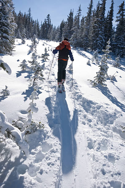 男性のスキーツアー、新鮮な冬の雪 - colorado skiing usa color image ストックフォトと画像