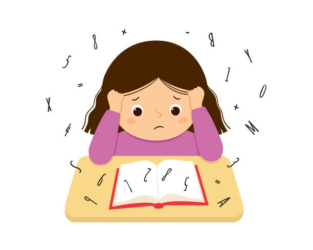 dziecko cierpiące na dysleksję i dyskalkulię ma trudności z czytaniem książki. zestresowana dziewczyna odrabia ciężkie lekcje. koncepcja zaburzeń dysleksji. ilustracja wektorowa izolowana na białym tle - dysleksja stock illustrations