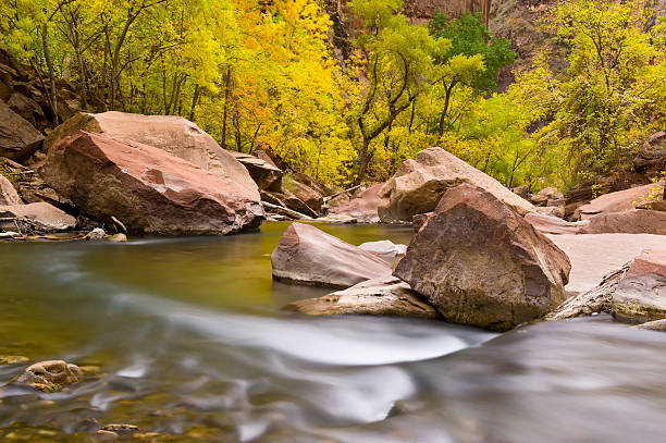 The Virgin River flowing through Zion Canyon with the peak of The Watchman mountain as a backdrop in Zion National Park, Utah, at dusk.