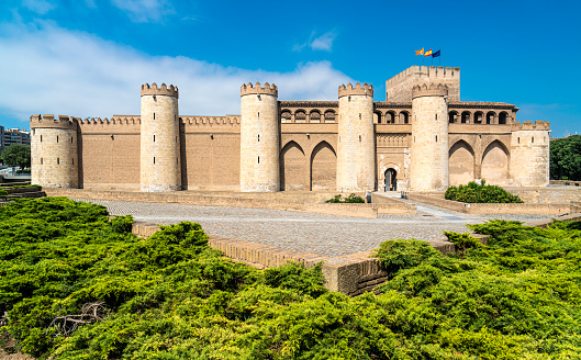 Zaragoza, Spain - July 29, 2021: The Aljaferia Palace was built in the 11th Century and is one of the best examples of Spanish Islamic architecture. It now houses the regional parliament.