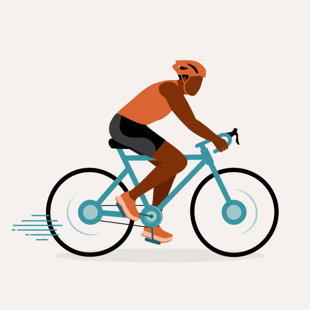 Black Sportsman Riding On Racing Bicycle Or Road Bike. Young Male African Athlete With Cycling Helmet Riding On Racing Bike. Full Length, Isolated On Solid Color Background. Vector, Illustration, Flat Design, Character. racing bicycle stock illustrations