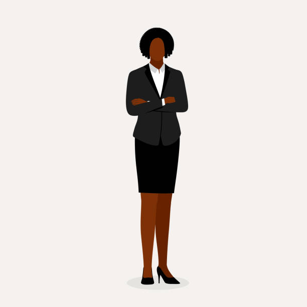 porträt einer schwarzen geschäftsfrau. - businesswoman skirt isolated standing stock-grafiken, -clipart, -cartoons und -symbole