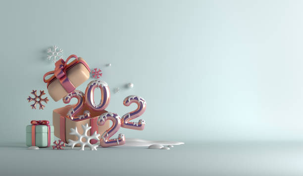 istock Happy new year 2022 decoration background with balloon gift box snowflakes, 3D rendering illustration 1344182855