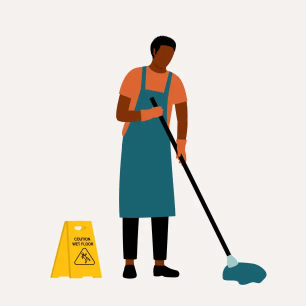 Vector illustration of Black Man Janitor Mopping Floor. Cleaning Service Occupation.