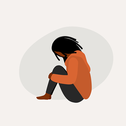 Black Girl With Her Head Facing Down, Sitting On Floor And Hugging Her Knees. Full Length, Isolated On Solid Color Background. Vector, Illustration, Flat Design, Character.
