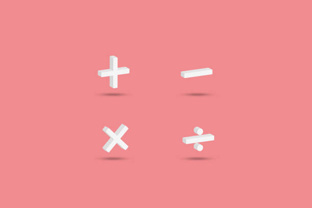 ilustraciones, imágenes clip art, dibujos animados e iconos de stock de ilustración 3d símbolos matemáticos más, menos, multiplicación y división sobre fondo rosa - subtraction