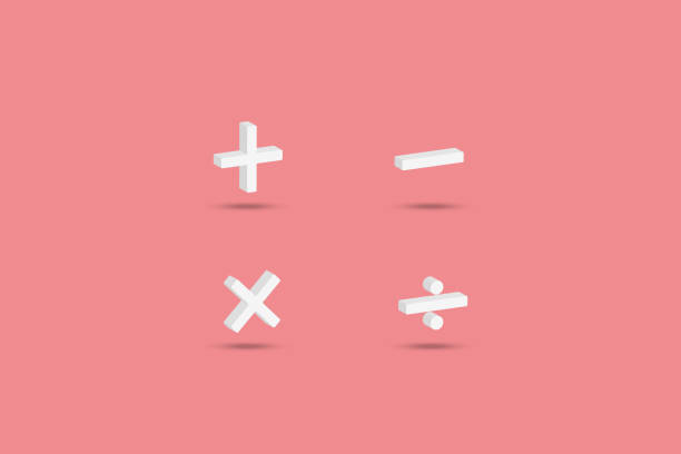 ilustrações, clipart, desenhos animados e ícones de símbolos matemáticos de ilustração 3d mais, menos, multiplicação e divisão em fundo rosa - subtraction