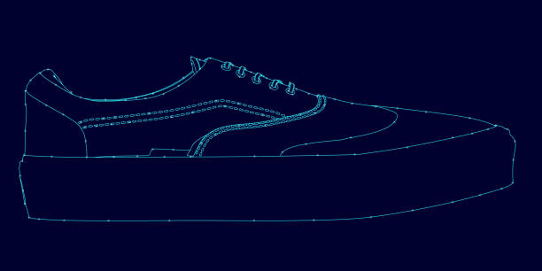 ilustraciones, imágenes clip art, dibujos animados e iconos de stock de el contorno de una zapatilla hecha de líneas azules con luces brillantes sobre un fondo oscuro. perfil. ilustración vectorial - fashion group of objects shoe boot