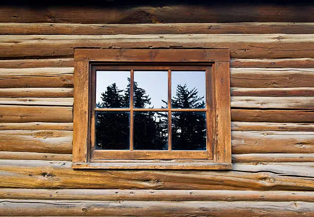 Rustic Wood Bard Window Detail.  Wood barn made of logs with window reflecting trees.  Converted from 14-bit Raw file.  sRGB color space.
