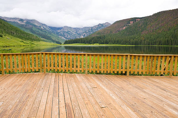 istock Wooden Deck with Summer Mountain View and Serene Lake 134419438