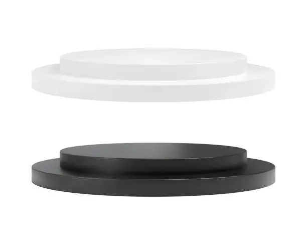 Vector illustration of Black and white realistic round podium. Empty ceremony platform pedestal. Vector illustration.