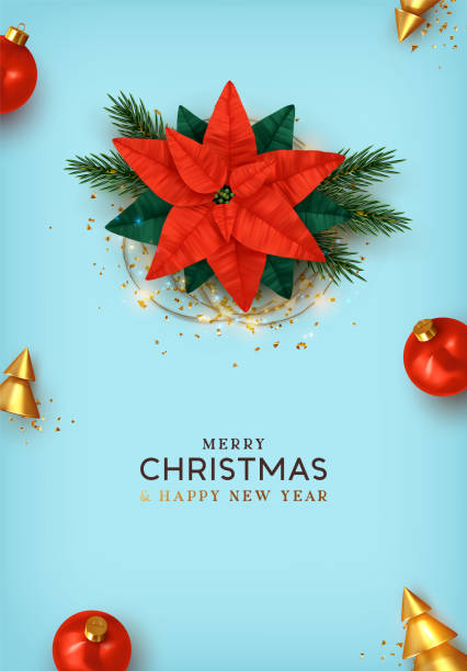 Merry Christmas and Happy New Year. Xmas Background design realistic beautiful Poinsettia flower - red Christmas star. festive decorative objects. Blue poster, holiday banner, flyer, stylish brochure. Merry Christmas and Happy New Year. Xmas Background design realistic beautiful Poinsettia flower - red Christmas star. festive decorative objects. Blue poster, holiday banner, flyer, stylish brochure. christmas star shape christmas lights blue stock illustrations