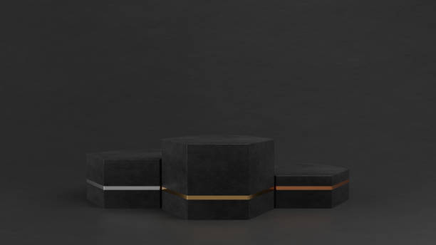 istock Black marble empty winners podium. First, second and third places pedestal on black background. 3D rendering image. 1344198092