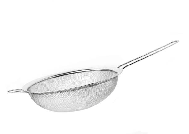 silver colored metalic colander with wooden handle isolated on a white background.