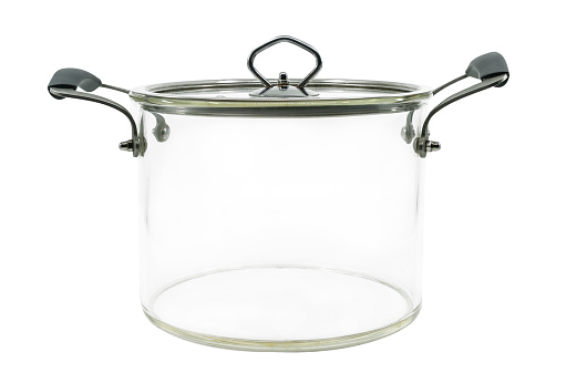 Isolated modern soup pot with clipping path, modern cleared-glass pot with glass lid on white background.