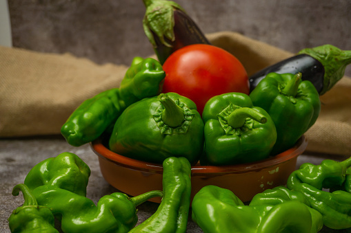 green peppers, tomato and eggplant fresh seasonal vegetables