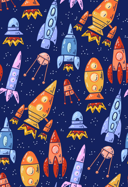 Seamless space texture with outline cartoon spaceships and dots on a dark background. Vector pattern with contour space shuttle flying up. Seamless space texture with outline cartoon spaceships and dots on a dark background. Vector pattern with contour space shuttle flying up. Wallpaper universe adventure astronaut designs stock illustrations